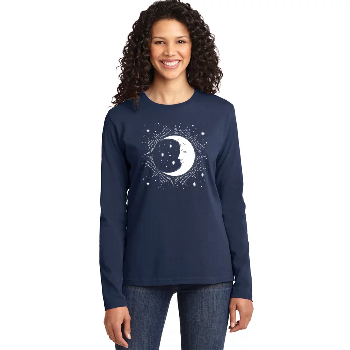 Crescent Moon And Stars Ladies Long Sleeve Shirt