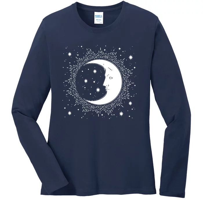 Crescent Moon And Stars Ladies Long Sleeve Shirt