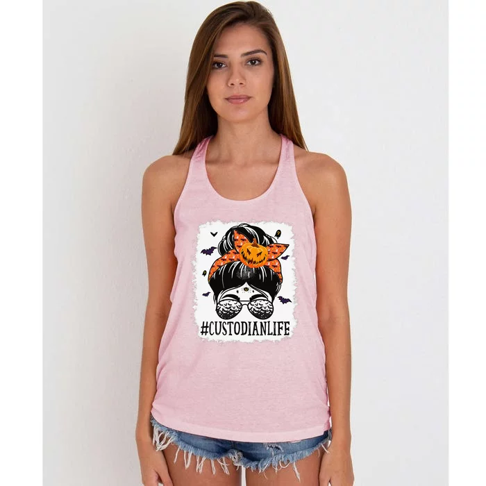 Custodian Messy Bun Spooky Pumpkin Orange Halloween Costume Women's Knotted Racerback Tank