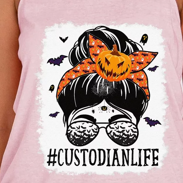 Custodian Messy Bun Spooky Pumpkin Orange Halloween Costume Women's Knotted Racerback Tank