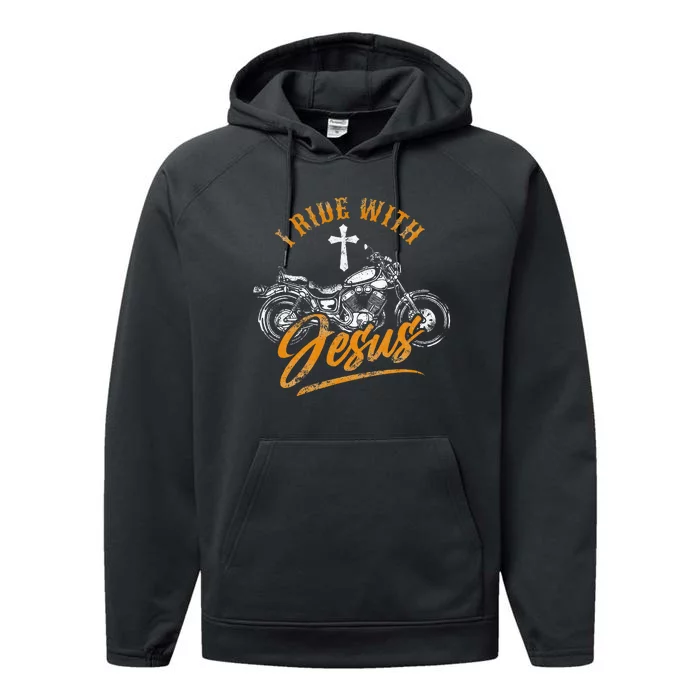 Christian Motorcycle Biker I Ride With Jesus Faith Performance Fleece Hoodie