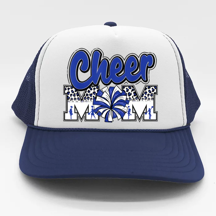 Cheer Mom Blue Leopard Letters Cheer Pom Poms Trucker Hat