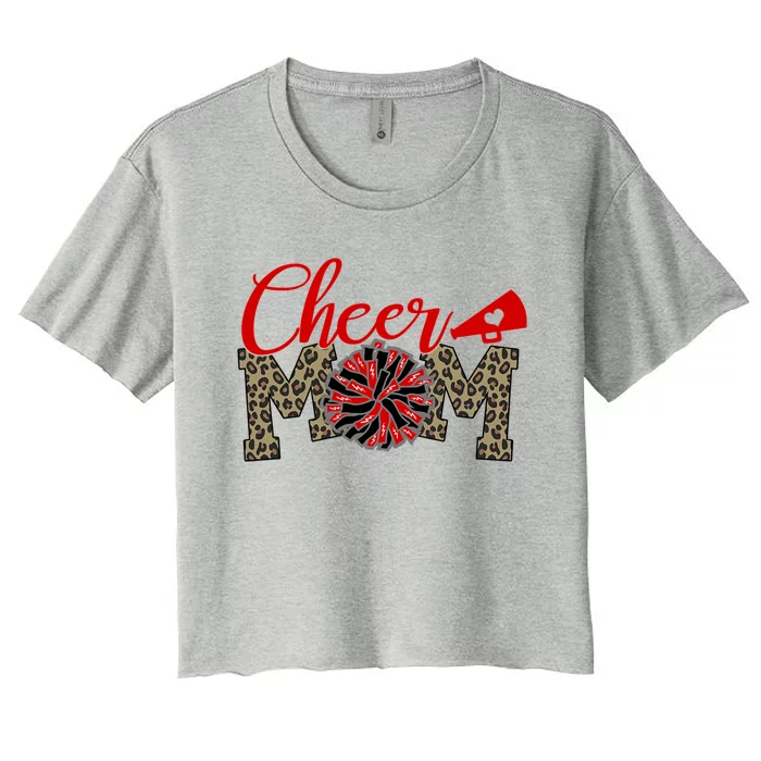 Cheer Mom Biggest Fan Leopard Print Black And Red Pom Pom Gift Women's Crop Top Tee