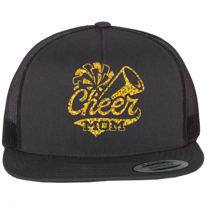 Cheer Mom Biggest Fan Cheerleader Black Yellow Gold Pom Pom Flat Bill Trucker Hat