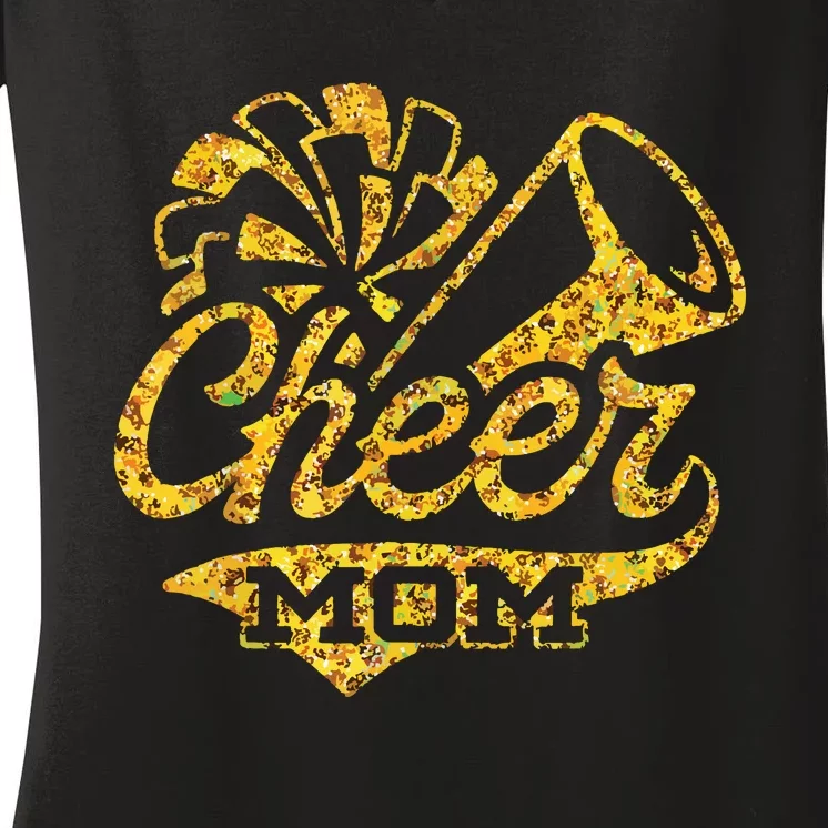 Cheer Mom Biggest Fan Cheerleader Black Yellow Gold Pom Pom Women's V-Neck T-Shirt