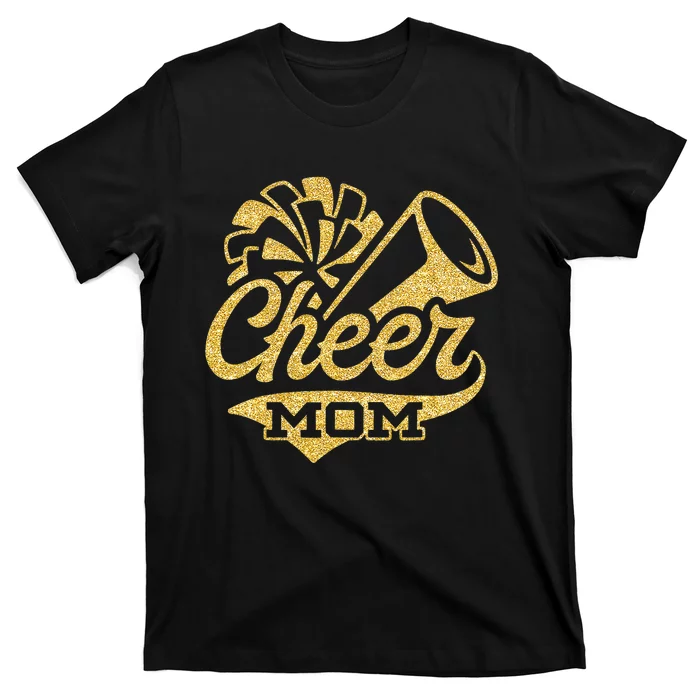 Cheer Mom Biggest Fan Cheerleader Black Yellow Gold Pom Pom T-Shirt