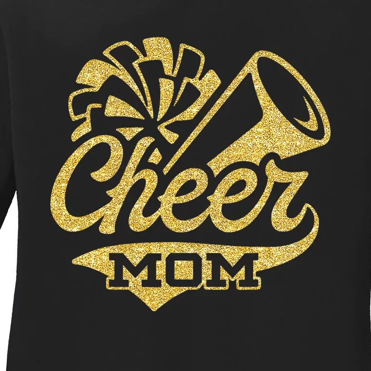 Cheer Mom Biggest Fan Cheerleader Black Yellow Gold Pom Pom Ladies Long Sleeve Shirt