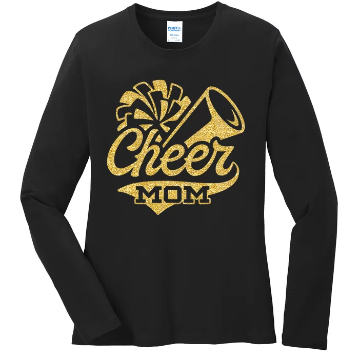 Cheer Mom Biggest Fan Cheerleader Black Yellow Gold Pom Pom Ladies Long Sleeve Shirt