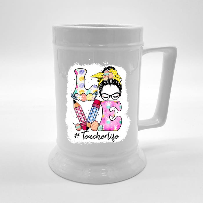 Cute Messy Bun Mom Love Teacher Life Easter Day Gift Front & Back Beer Stein