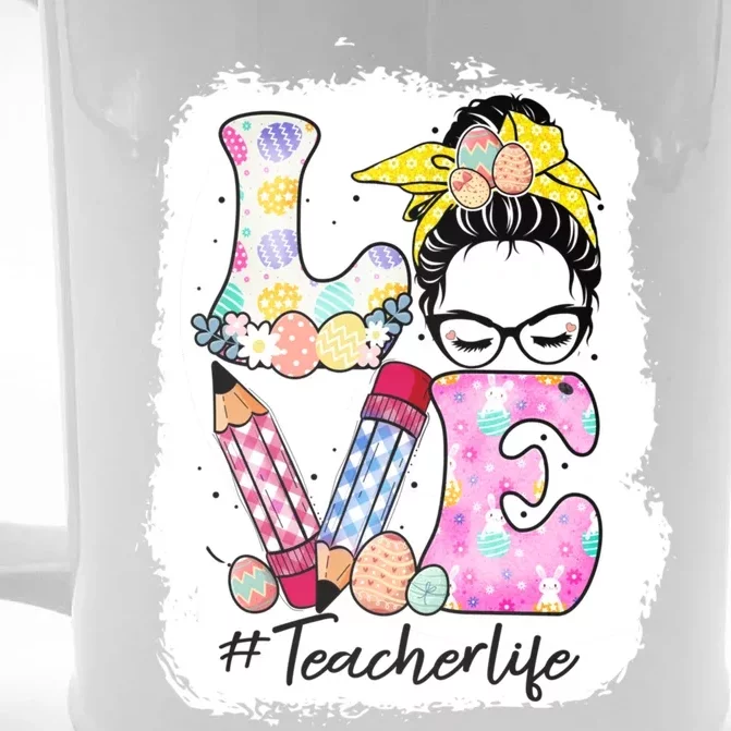 Cute Messy Bun Mom Love Teacher Life Easter Day Gift Front & Back Beer Stein