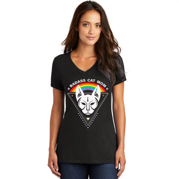 Cat Mom Badass Cat Lady LGBTQ Pride Lesbian Equality Women's V-Neck T-Shirt