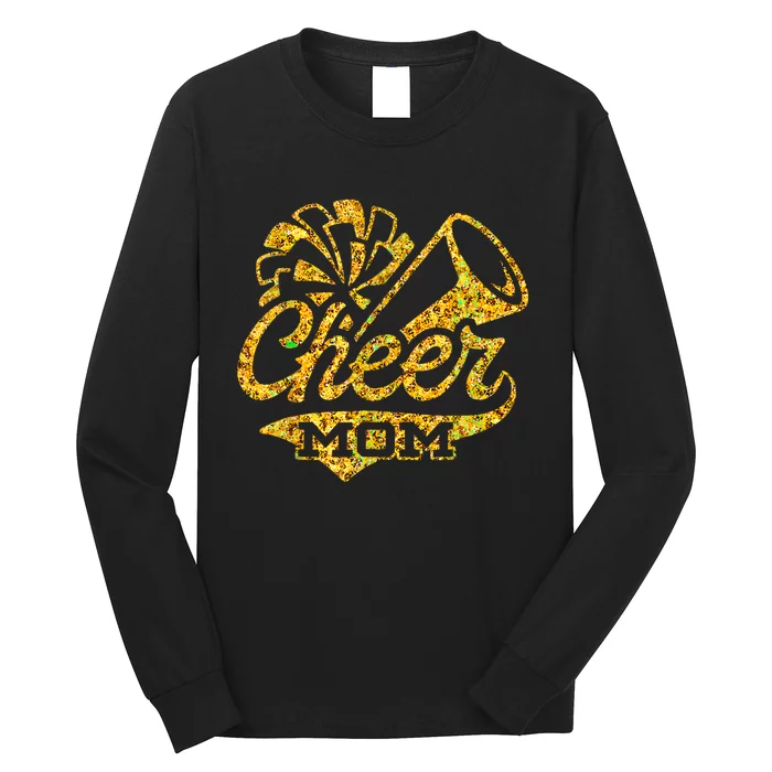 Cheer Mom Biggest Fan Cheerleader Black Yellow Gold Pom Pom Long Sleeve Shirt