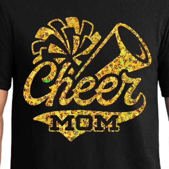 Cheer Mom Biggest Fan Cheerleader Black Yellow Gold Pom Pom Pajama Set