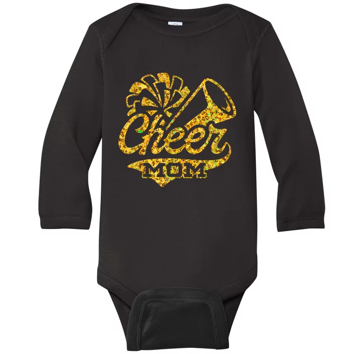 Cheer Mom Biggest Fan Cheerleader Black Yellow Gold Pom Pom Baby Long Sleeve Bodysuit