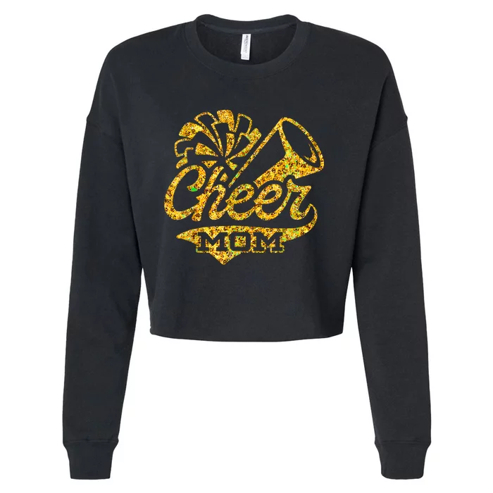 Cheer Mom Biggest Fan Cheerleader Black Yellow Gold Pom Pom Cropped Pullover Crew