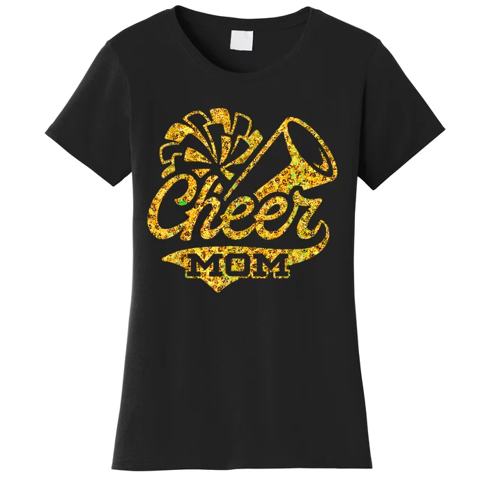 Cheer Mom Biggest Fan Cheerleader Black Yellow Gold Pom Pom Women's T-Shirt