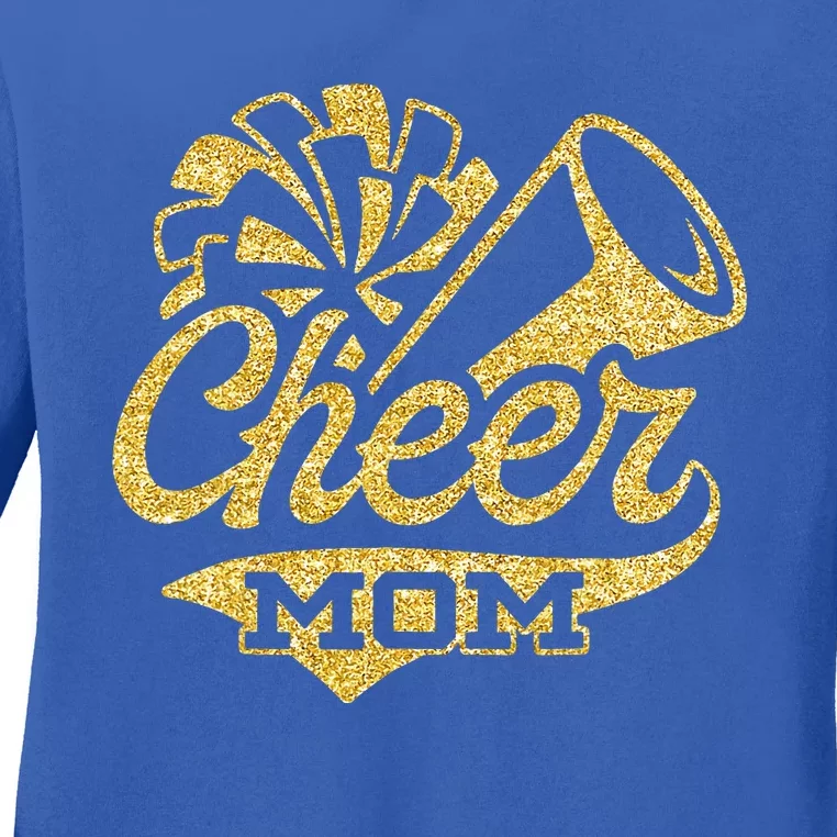 Cheer Mom Biggest Fan Cheerleader Black Yellow Gold Pom Pom Ladies Long Sleeve Shirt