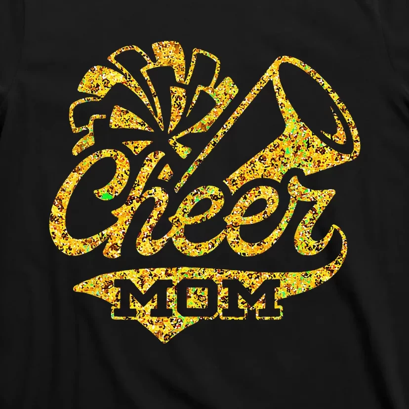 Cheer Mom Biggest Fan Cheerleader Black Yellow Gold Pom Pom Gift T-Shirt