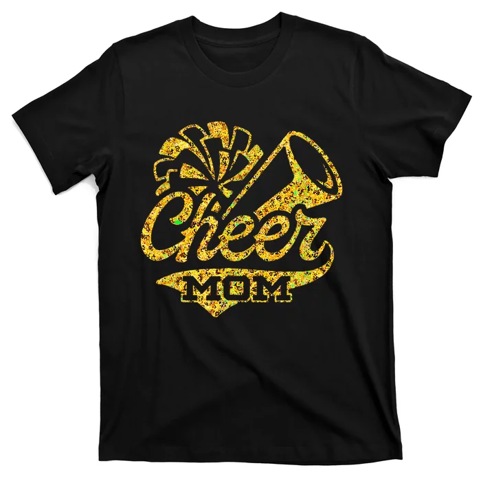 Cheer Mom Biggest Fan Cheerleader Black Yellow Gold Pom Pom Gift T-Shirt