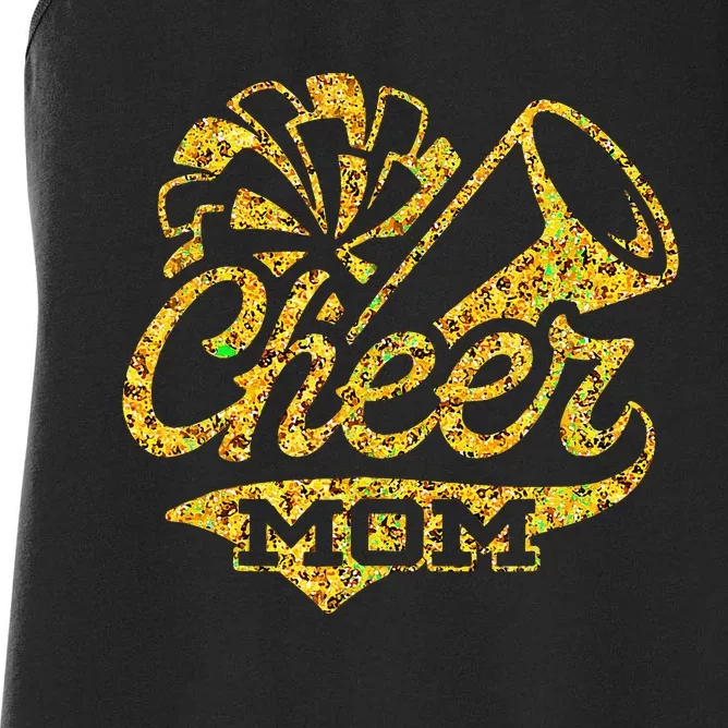 Cheer Mom Biggest Fan Cheerleader Black Yellow Gold Pom Pom Gift Women's Racerback Tank