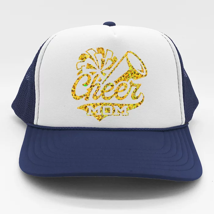 Cheer Mom Biggest Fan Cheerleader Black Yellow Gold Pom Pom Gift Trucker Hat