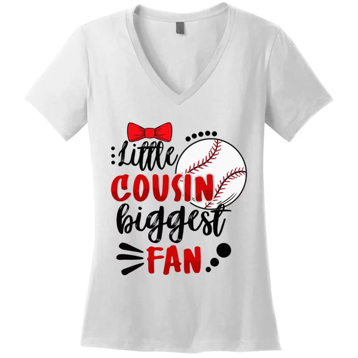 Cute Matching Baseball Family Little Cousin Biggest Fan Women's V-Neck T-Shirt