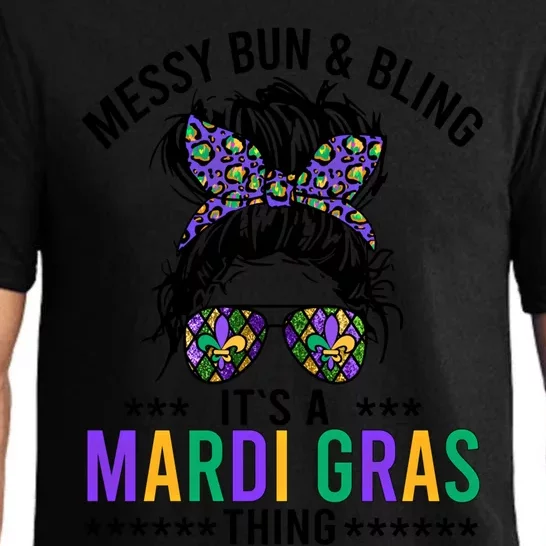 Cute Messy Bun Mardi Gras Graphic And Bling Carnival Funny Gift Pajama Set