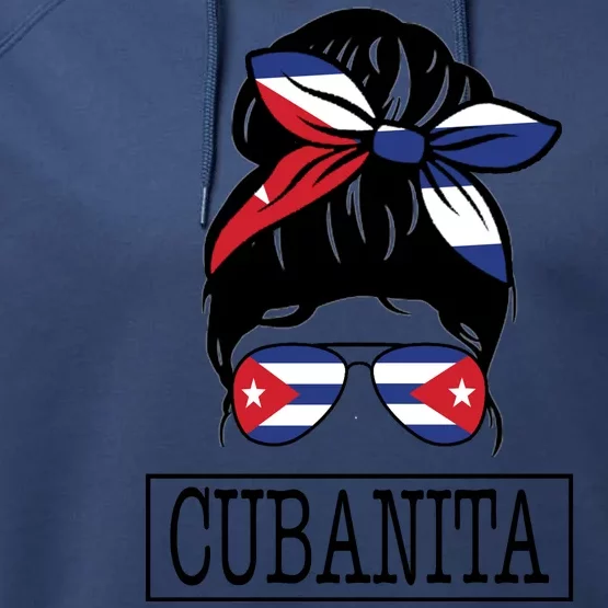 Cubanita Messy Bun Cuban Flag Cuba Performance Fleece Hoodie