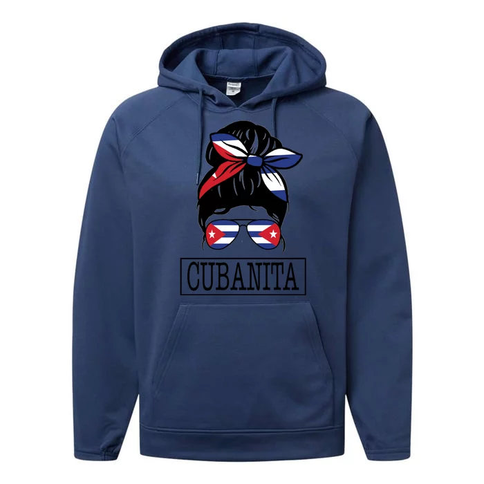 Cubanita Messy Bun Cuban Flag Cuba Performance Fleece Hoodie