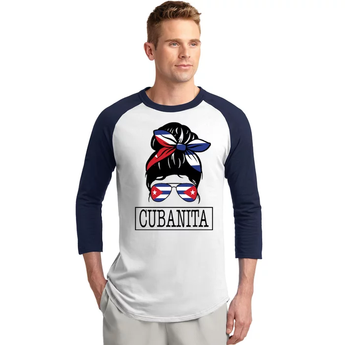 Cubanita Messy Bun Cuban Flag Cuba Baseball Sleeve Shirt