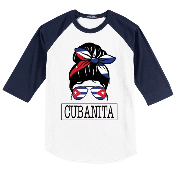 Cubanita Messy Bun Cuban Flag Cuba Baseball Sleeve Shirt