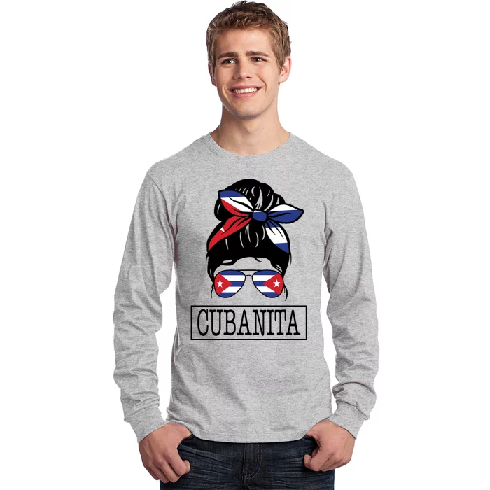 Cubanita Messy Bun Cuban Flag Cuba Long Sleeve Shirt