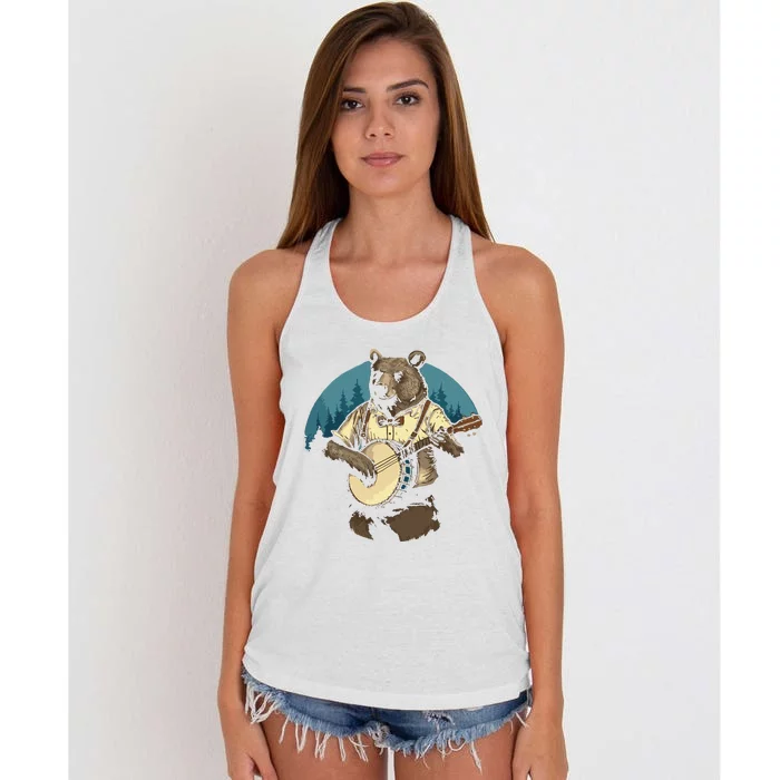 Country Music Bear Banjo Player Awesome Folk Women's Knotted Racerback Tank