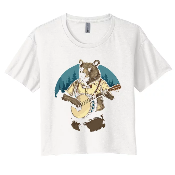 Country Music Bear Banjo Player Awesome Folk Women's Crop Top Tee