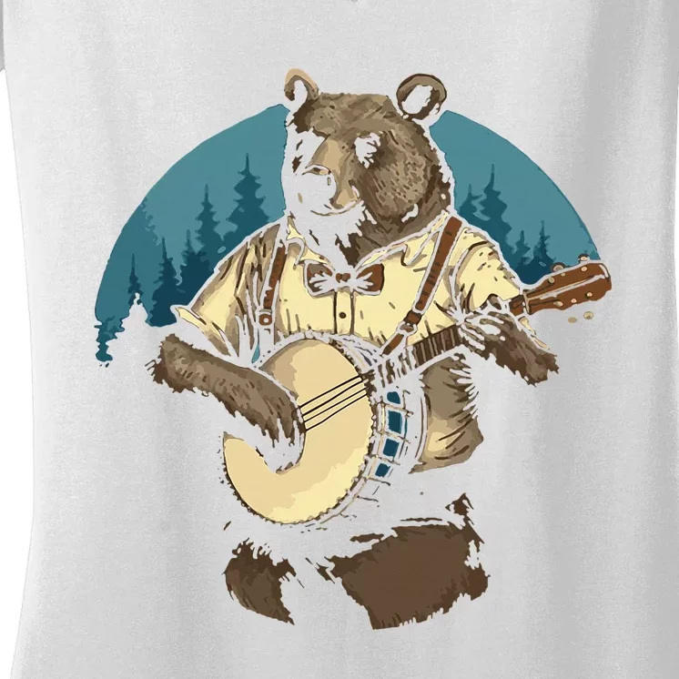 Country Music Bear Banjo Player Awesome Folk Women's V-Neck T-Shirt