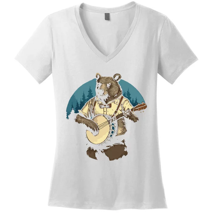 Country Music Bear Banjo Player Awesome Folk Women's V-Neck T-Shirt