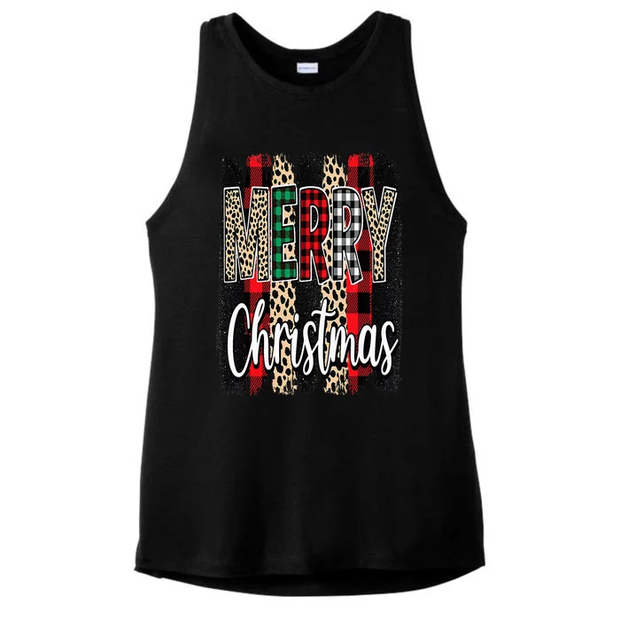 Cute Merry Christmas Y'all Leopard Buffalo Plaid Pajama Ladies Tri-Blend Wicking Tank