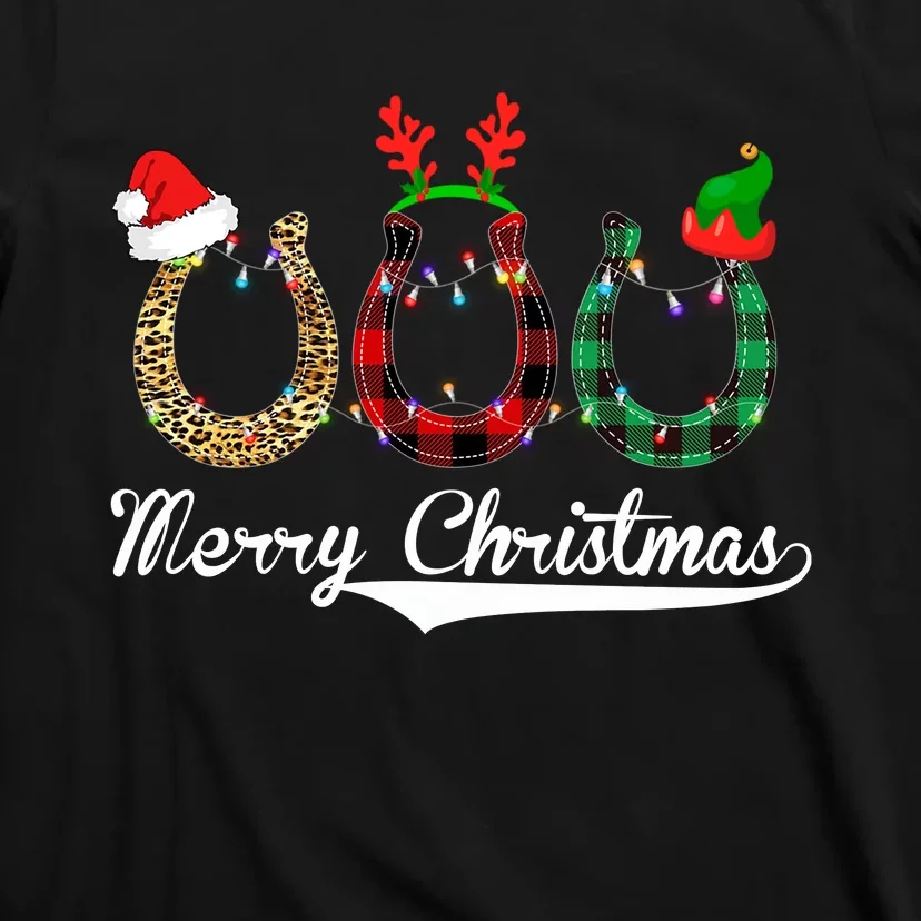 Celebrate Merry Christmas Leopard Plaid Santa Hat Horse T-Shirt