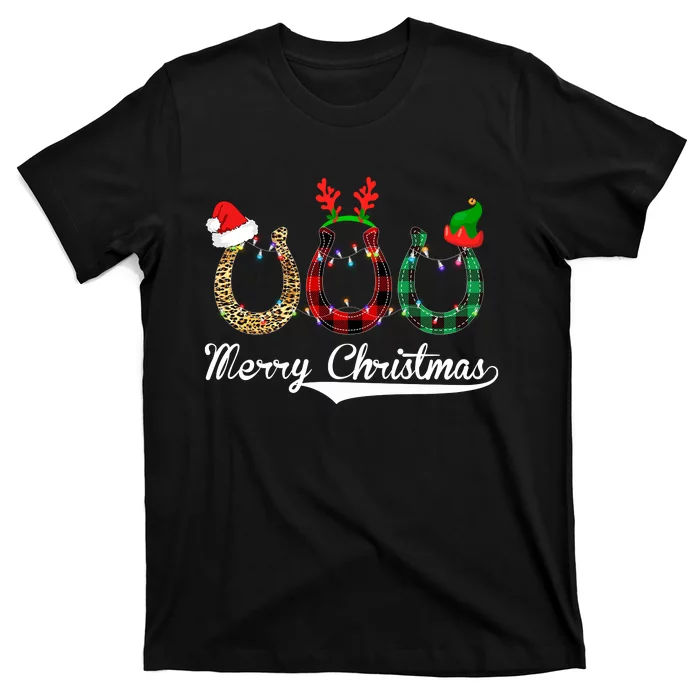 Celebrate Merry Christmas Leopard Plaid Santa Hat Horse T-Shirt