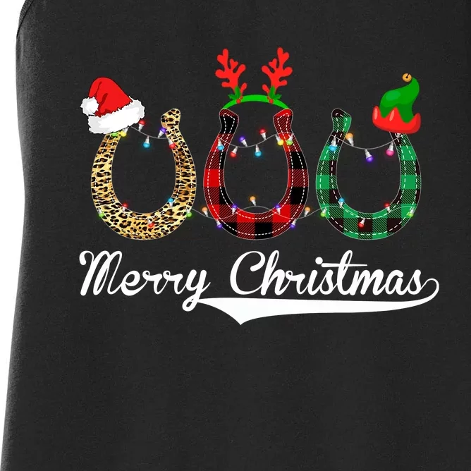 Celebrate Merry Christmas Leopard Plaid Santa Hat Horse Women's Racerback Tank