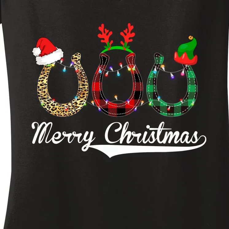 Celebrate Merry Christmas Leopard Plaid Santa Hat Horse Women's V-Neck T-Shirt