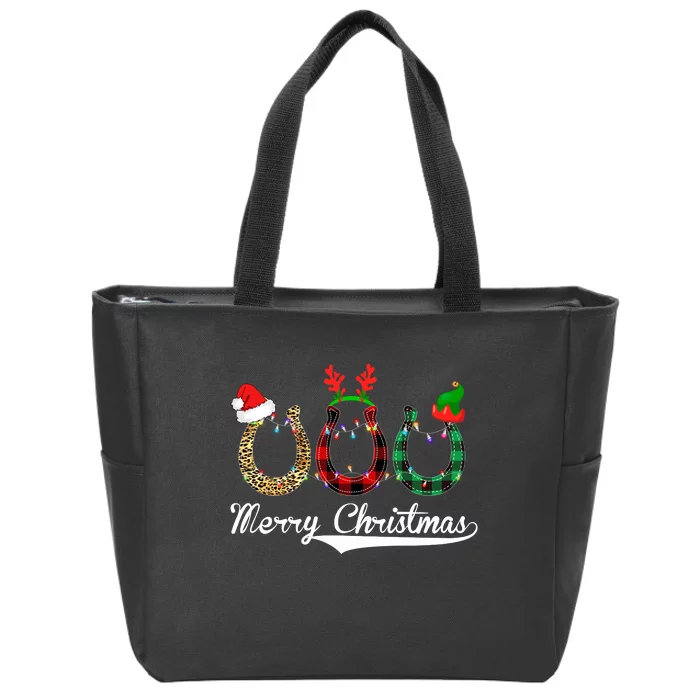 Celebrate Merry Christmas Leopard Plaid Santa Hat Horse Zip Tote Bag