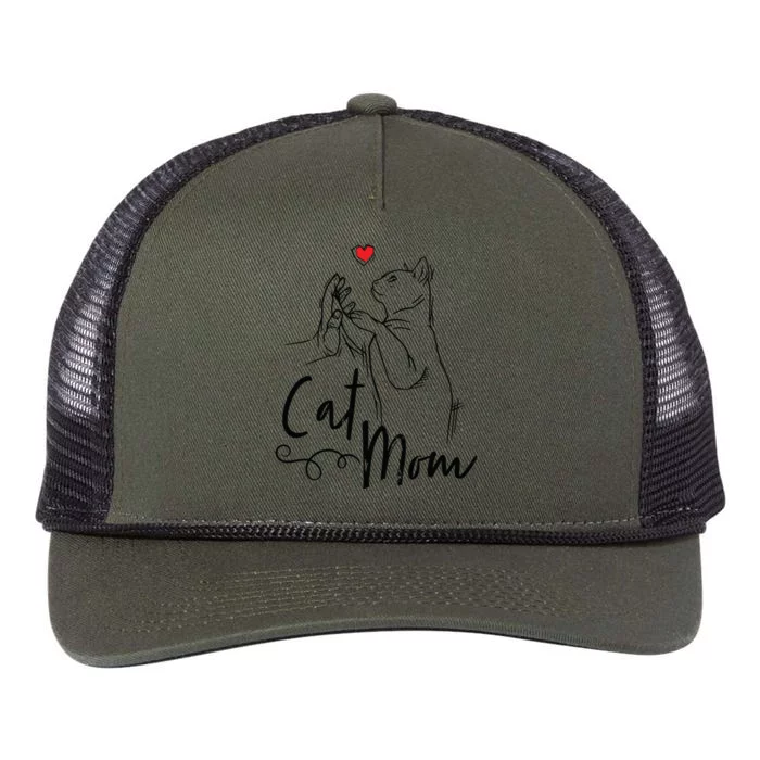 Cat Mom Cute Cat Illustration With Human Hand And Heart Retro Rope Trucker Hat Cap