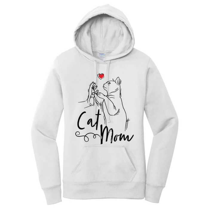 Cat Mom Cute Cat Illustration With Human Hand And Heart Women's Pullover Hoodie