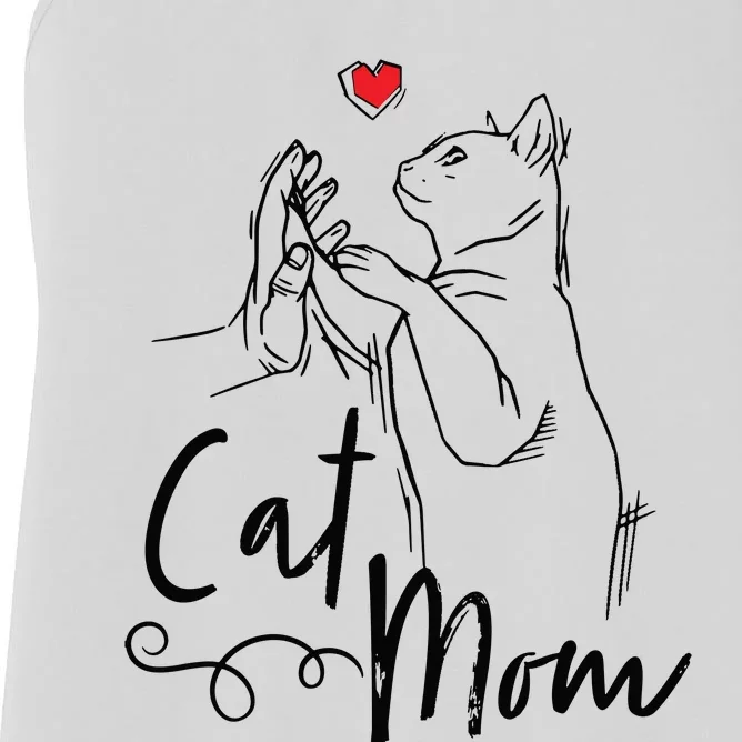 Cat Mom Cute Cat Illustration With Human Hand And Heart Women's Racerback Tank