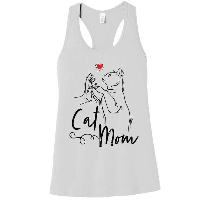 Cat Mom Cute Cat Illustration With Human Hand And Heart Women's Racerback Tank