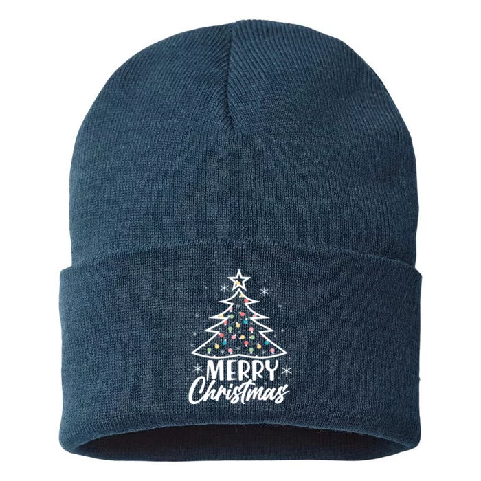 Cute Merry Christmas Tree Outline Sustainable Knit Beanie