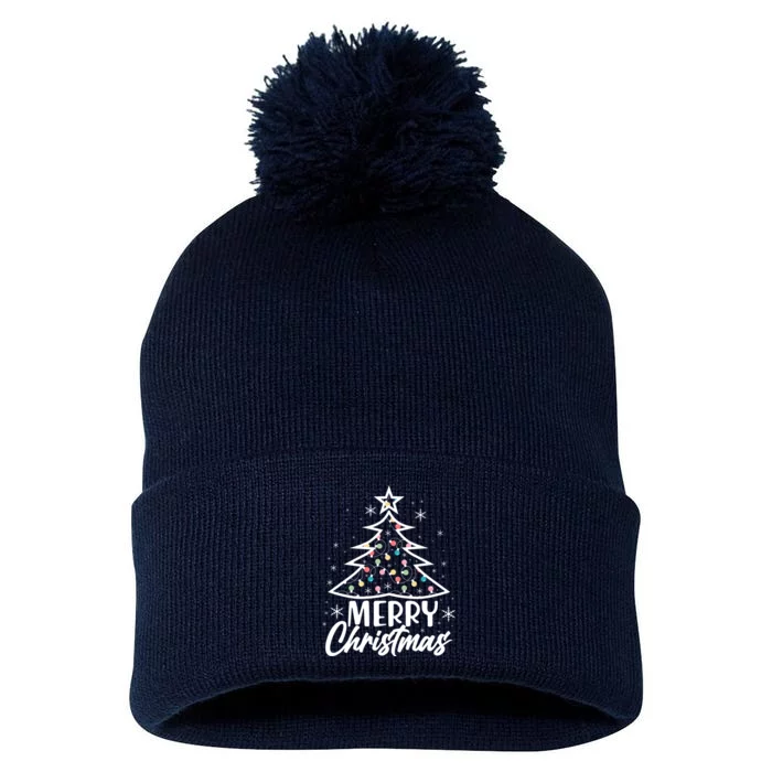 Cute Merry Christmas Tree Outline Pom Pom 12in Knit Beanie