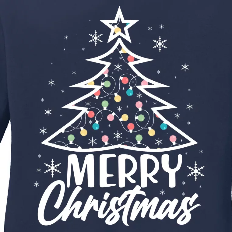 Cute Merry Christmas Tree Outline Ladies Long Sleeve Shirt