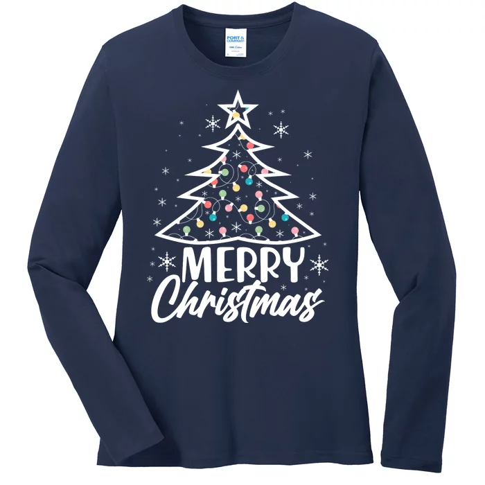 Cute Merry Christmas Tree Outline Ladies Long Sleeve Shirt